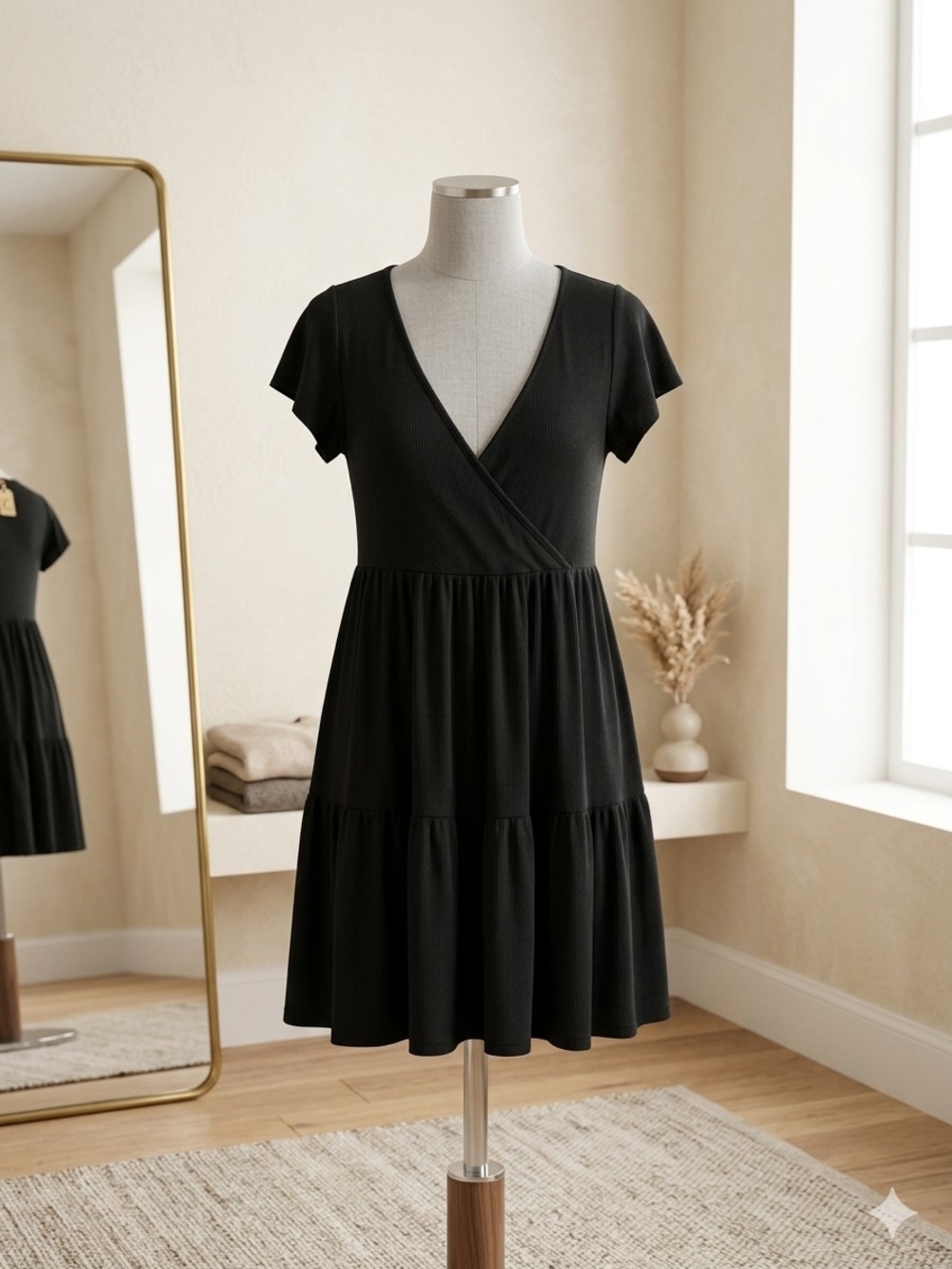 See You Monday Black V-Neck Tiered Short-Sleeve Mini Dress